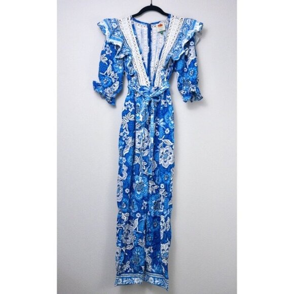 Farm Rio Full of Flowers Linen Ruffle Jumpsuit S Floral Lace Belted Vneck - Picture 4 of 13